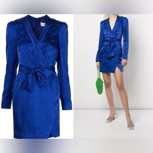 Saloni Womens Silk ‎Bibi Floral Satin Tie Waist Dress Cobalt Blue Size 6 $625